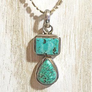 BIG, BOLD & BEAUTIFUL CARVED TEARDROP & RECTANGLE GENUINE TURQUOISE PENDANT 2"